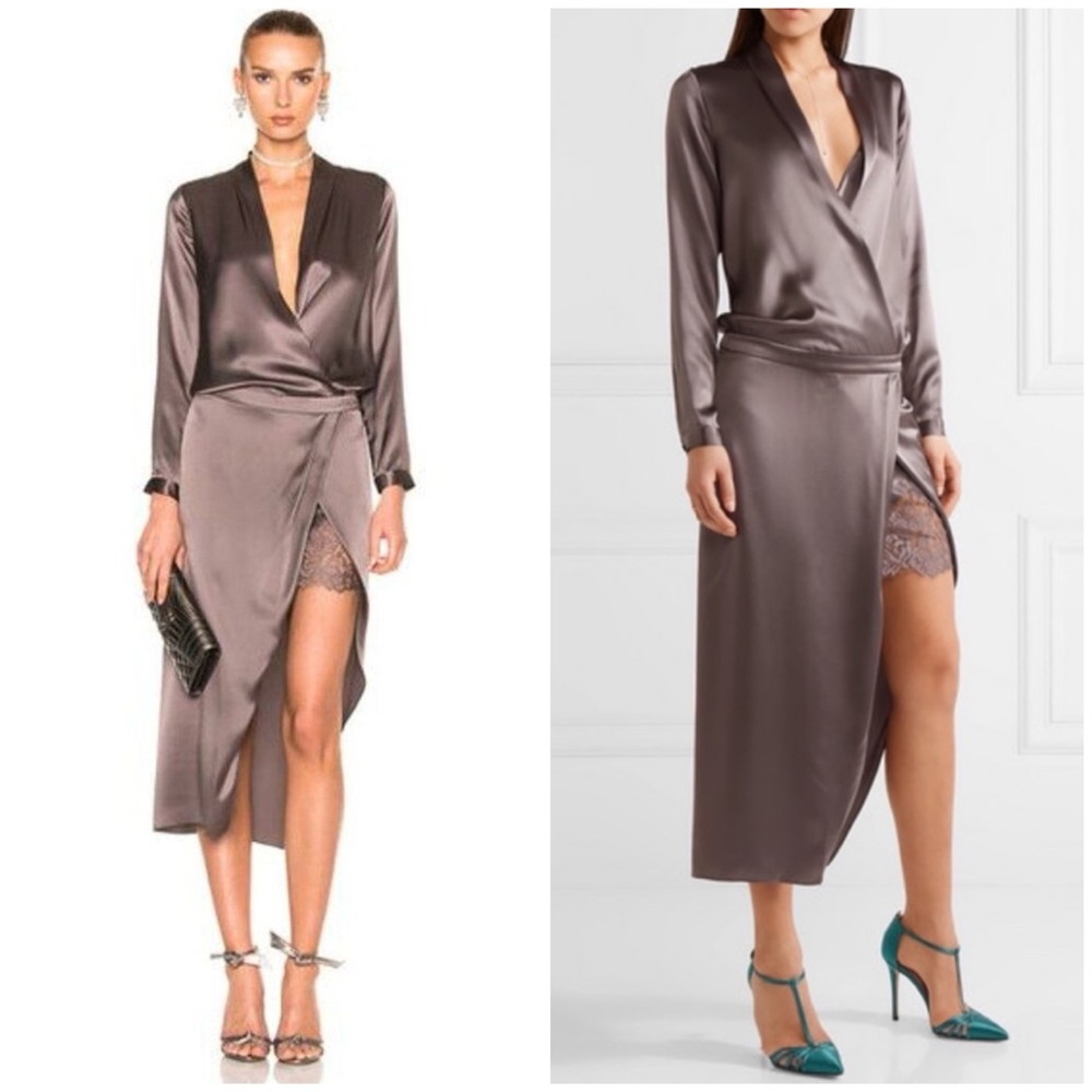 Satin Asymmetrical Wrap Dress in Taupe